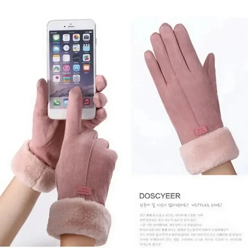 Women Winter Thick Plush Gloves Fashion Warm Suede Touchscreen Driving Gloves for Outdoor Sports Cycling Running Skiing Mittens