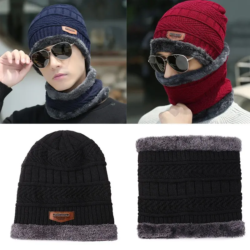 Winter Hats Knit Cap for Men and Women with Soft Hat and Pink Fleece Scarf, Outdoor Riding Hat for Warmth