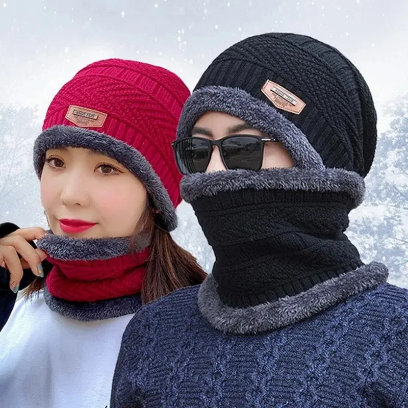 Winter Hats Knit Cap for Men and Women with Soft Hat and Pink Fleece Scarf, Outdoor Riding Hat for Warmth