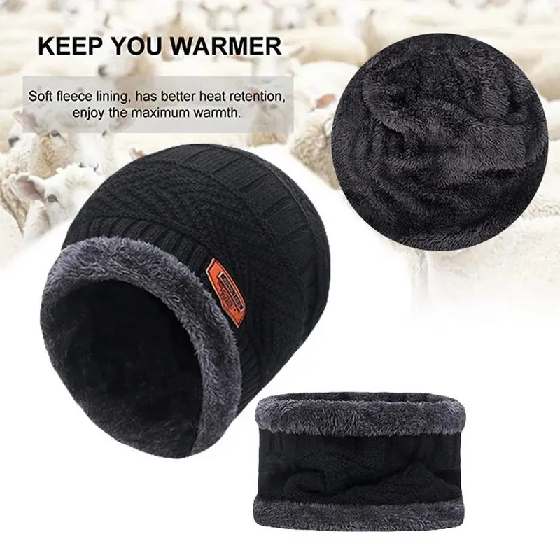 Winter Hats Knit Cap for Men and Women with Soft Hat and Pink Fleece Scarf, Outdoor Riding Hat for Warmth