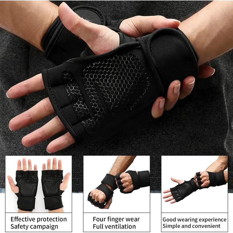 Half Finger Weight Training Gloves for Men Women Fitness Sports Wrist Palm Protector Gloves Anti-slip Gym Cycling Gloves Black