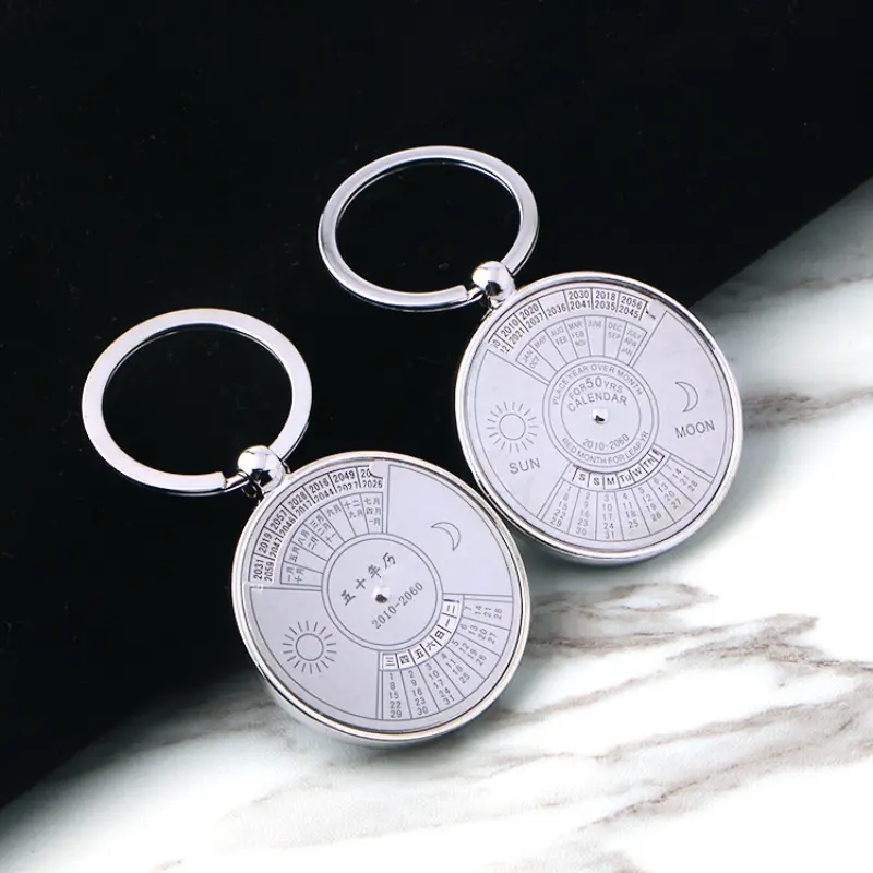 50 Years Perpetual Calendar Keychain Silver Alloy 360 Degree Rotation Calendar Key Chain Ring Keyfob Anniversary Creative Gift