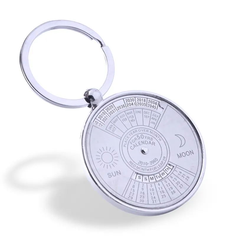 50 Years Perpetual Calendar Keychain Silver Alloy 360 Degree Rotation Calendar Key Chain Ring Keyfob Anniversary Creative Gift