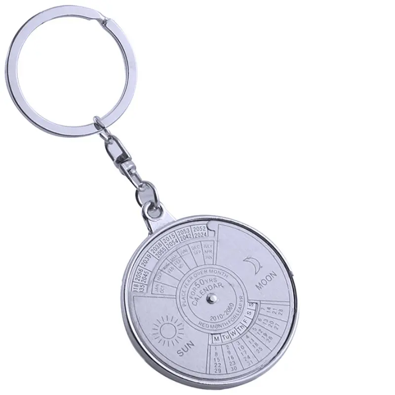50 Years Perpetual Calendar Keychain Silver Alloy 360 Degree Rotation Calendar Key Chain Ring Keyfob Anniversary Creative Gift