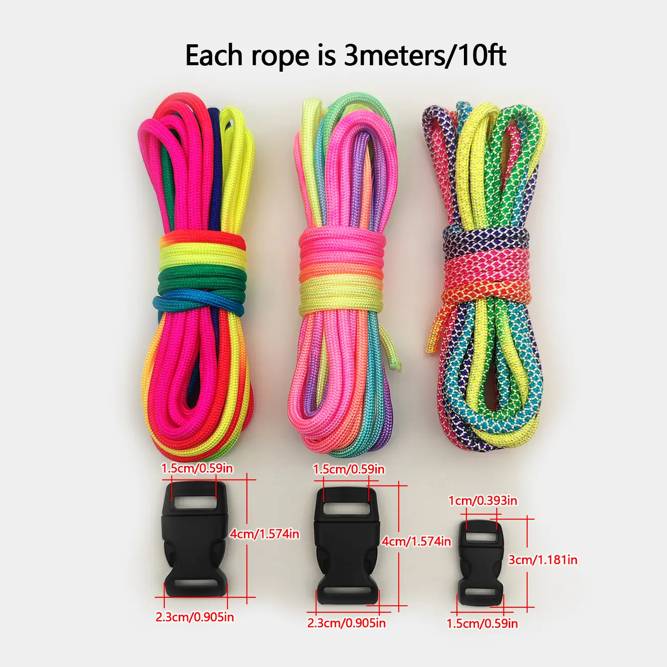 3Pcs of 3m Rainbow Paracord with 3 Plastic Buckles Perfect for Outdoor Activities, DIY Projects, and Pet Accessories