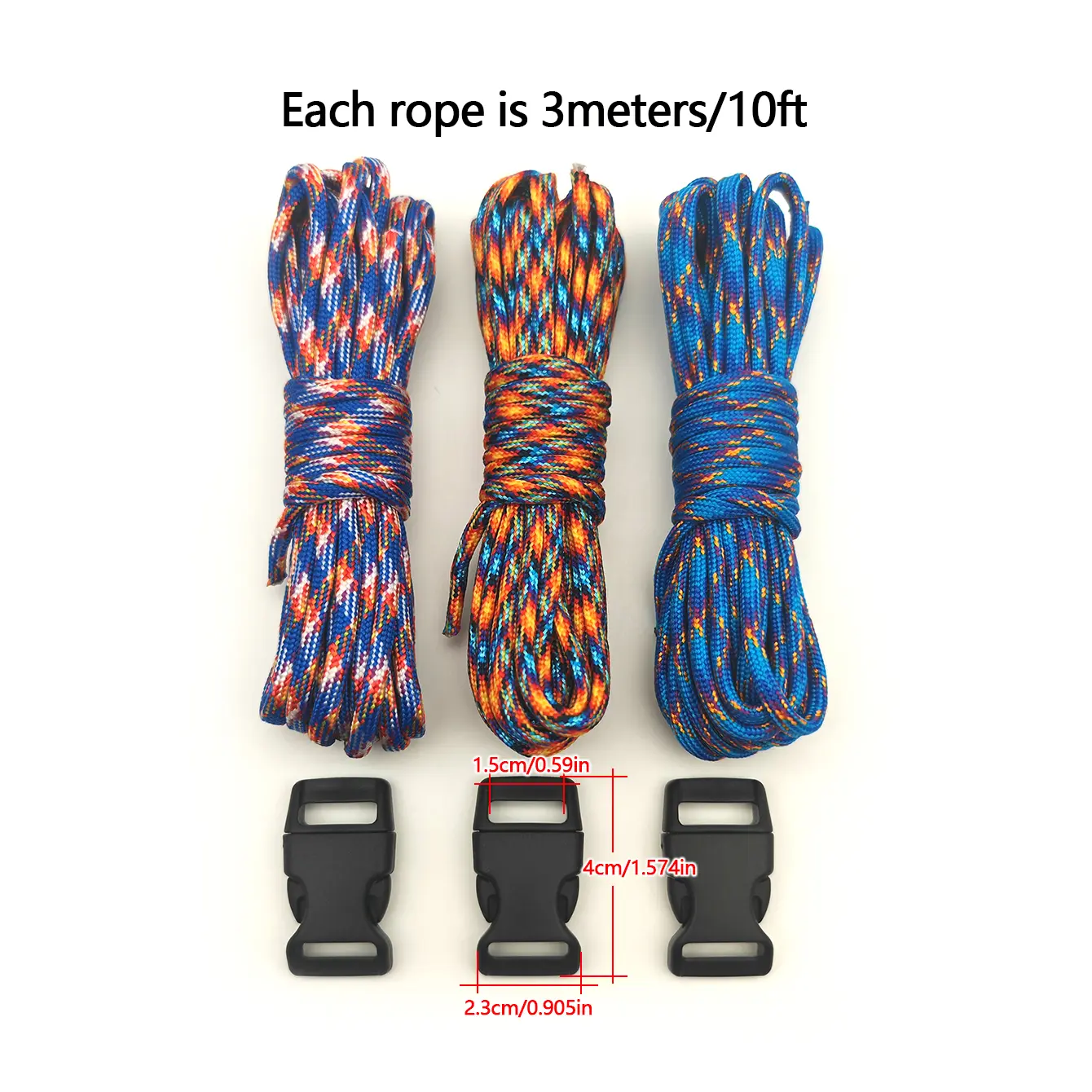 3pcs 3m paracord and 3 buckles multi-functional outdoor paracord, handmade DIY braided bracelet keychain rope, outdoor tent rope