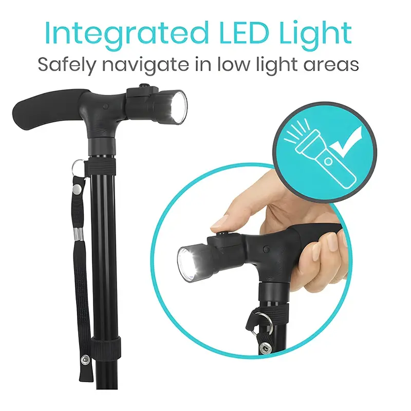 Folding Walking Stick With LED Light Adjustable Lightweight Collapsible Anti-Slip Walking Cane Old Men Crutch For The Elderly