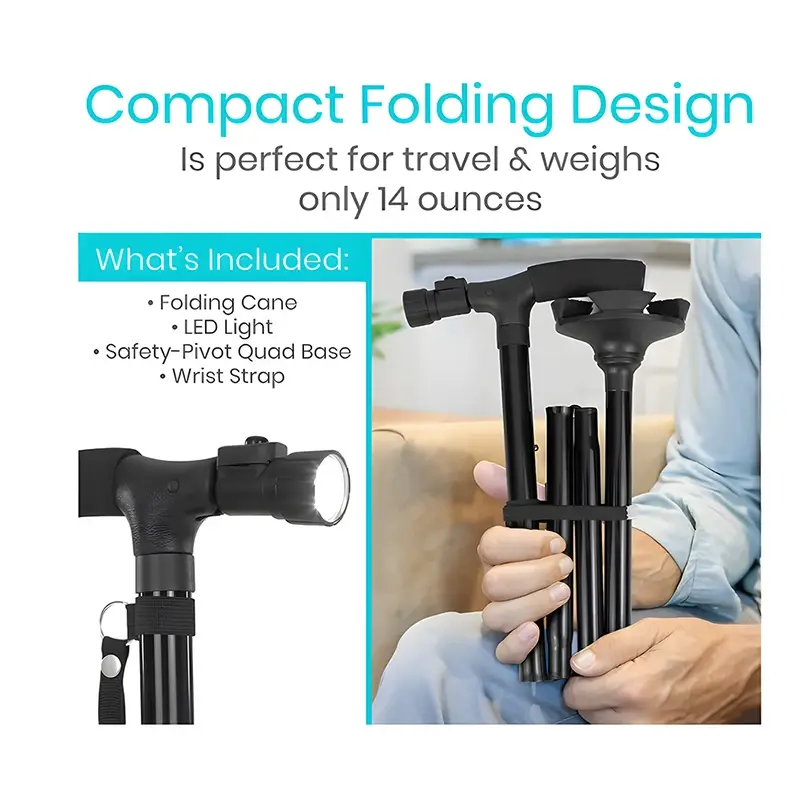 Folding Walking Stick With LED Light Adjustable Lightweight Collapsible Anti-Slip Walking Cane Old Men Crutch For The Elderly