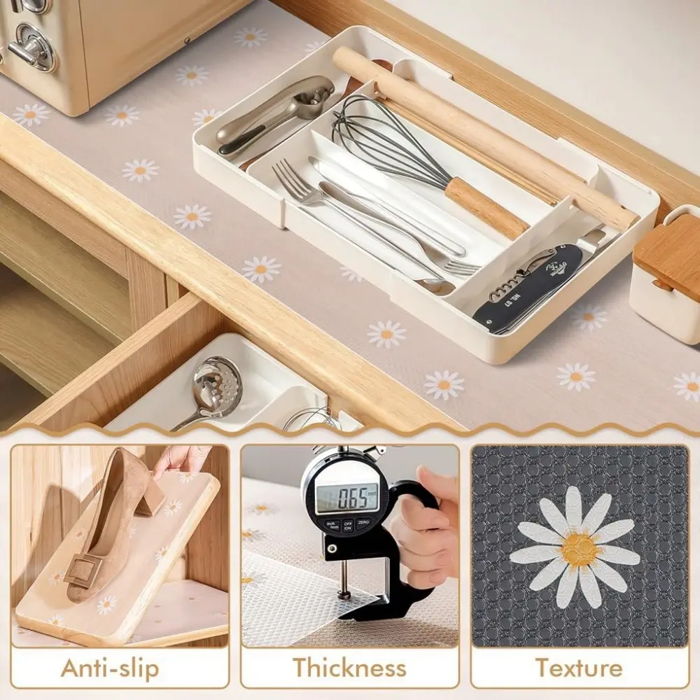 1 Roll Daisy Shelf Liner EVA Washable Refrigerator Mat Drawer Liners for Kitchen Cabinets Easy Meal Mat Non Adhesive Drawer Mat