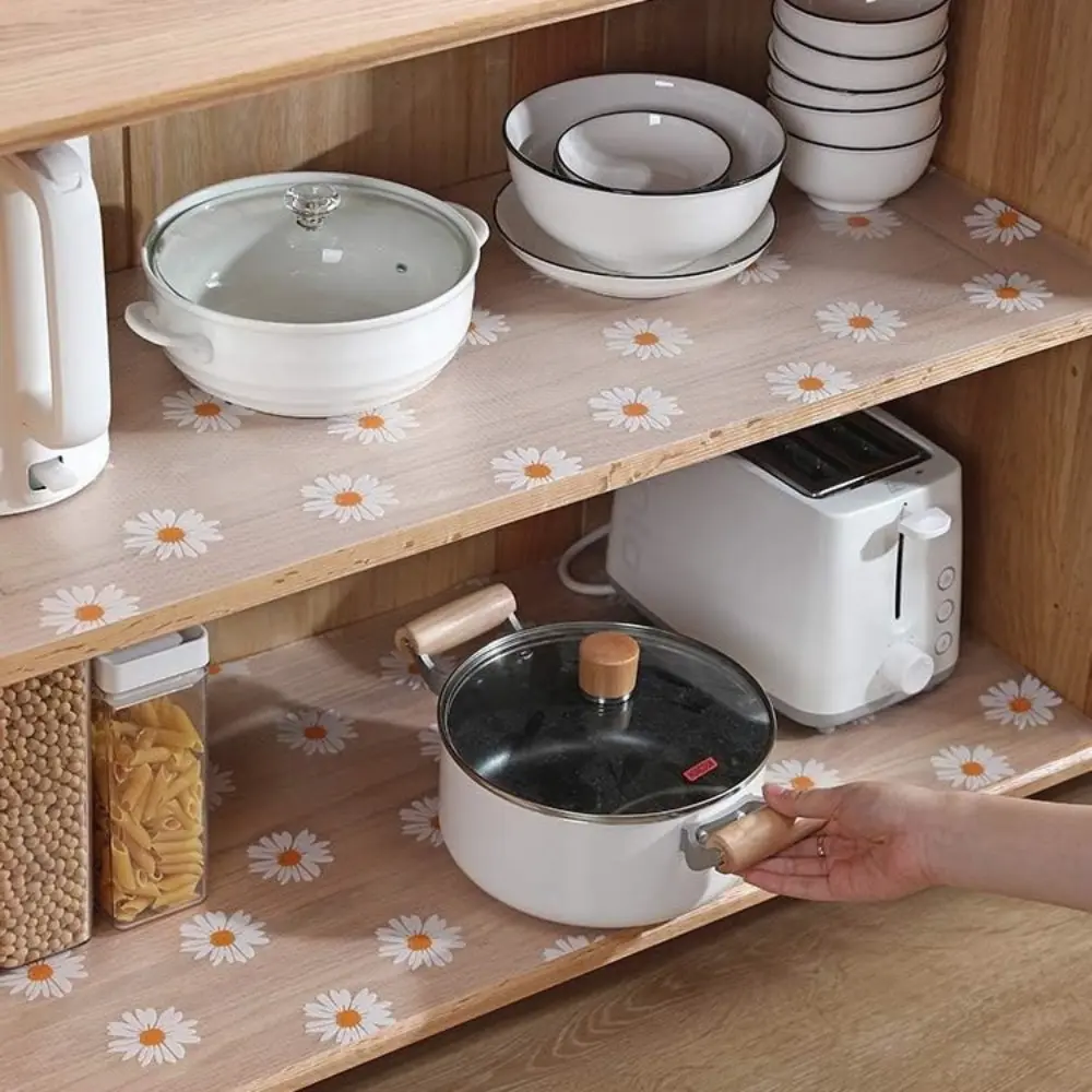 1 Roll Daisy Shelf Liner EVA Washable Refrigerator Mat Drawer Liners for Kitchen Cabinets Easy Meal Mat Non Adhesive Drawer Mat