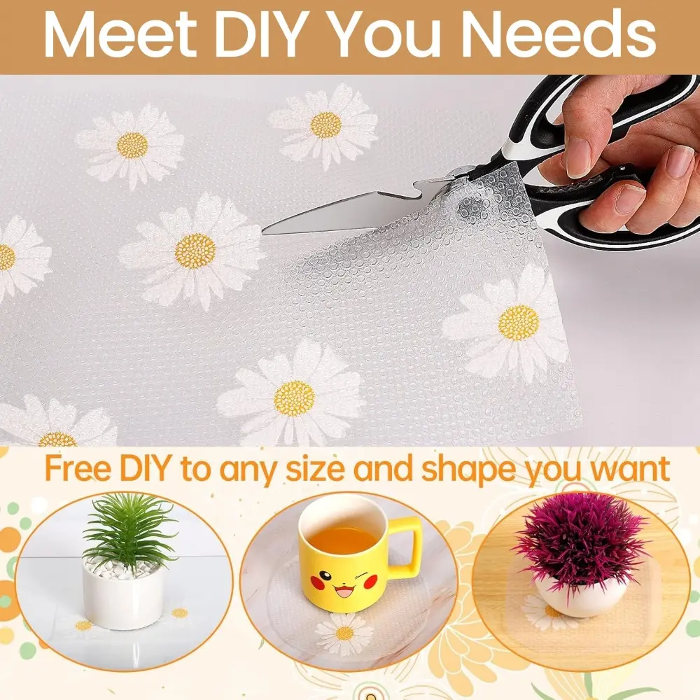 1 Roll Daisy Shelf Liner EVA Washable Refrigerator Mat Drawer Liners for Kitchen Cabinets Easy Meal Mat Non Adhesive Drawer Mat