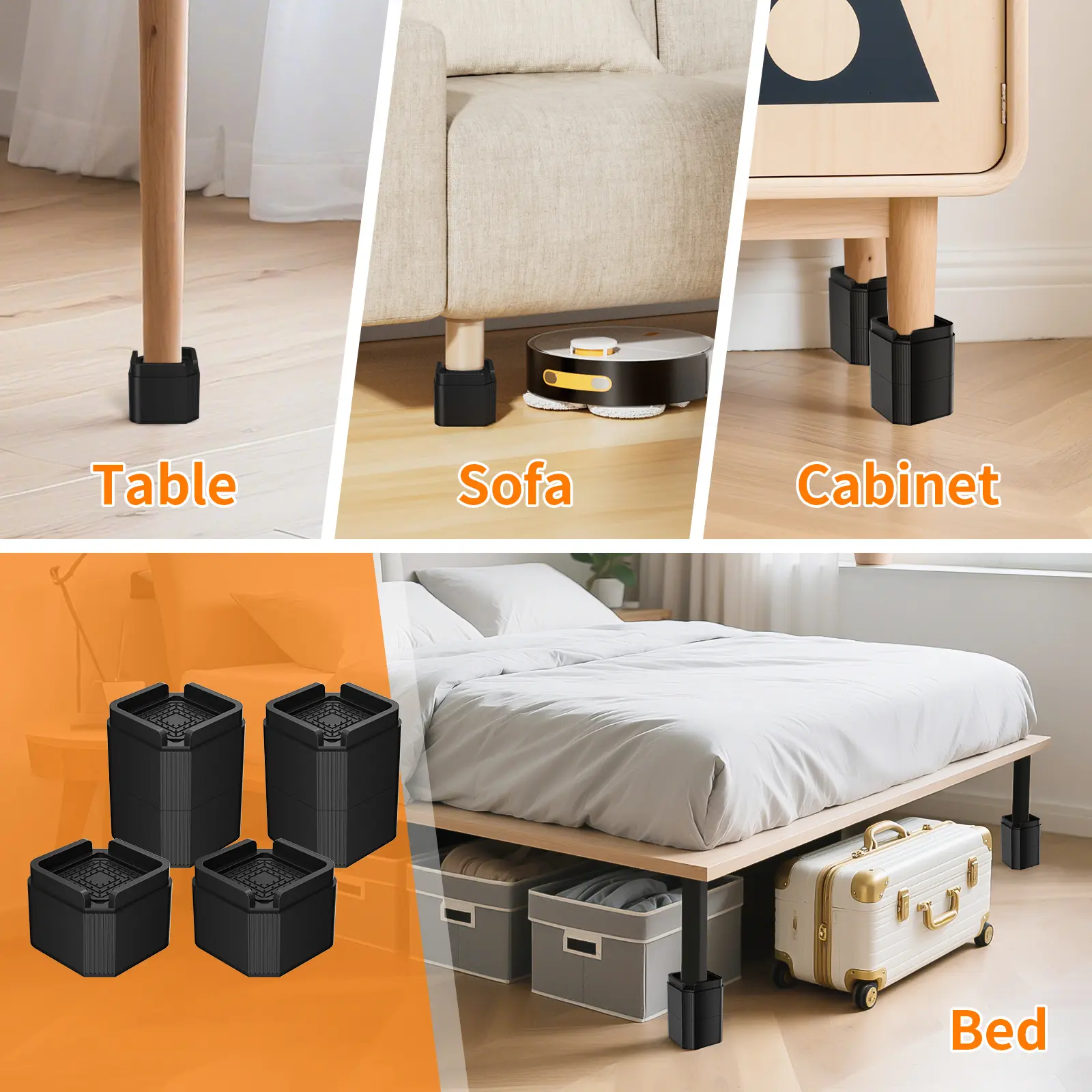4PCS Furniture Risers Adjustable Heavy Duty Bed Chair Table Heightening Feet Pad Non-Slip Floor Protector Furniture Leg Lift