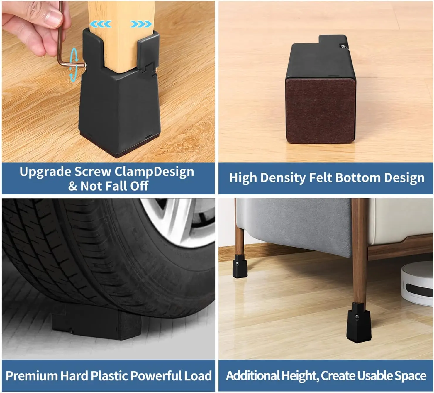 8PCS Adjustable Furniture Leg Risers Chair Leg Pads Heavy Duty Non-Slip 5cm/10cm Sofa Table Bed Feet Risers with Screw Clamp