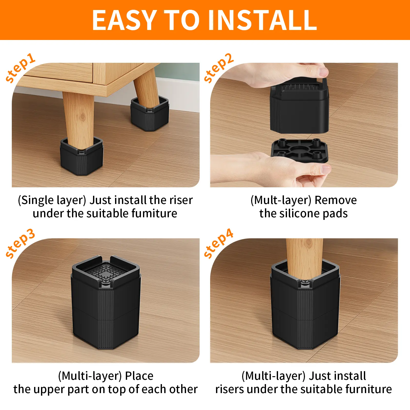 4PCS Furniture Risers Adjustable Heavy Duty Bed Chair Table Heightening Feet Pad Non-Slip Floor Protector Furniture Leg Lift