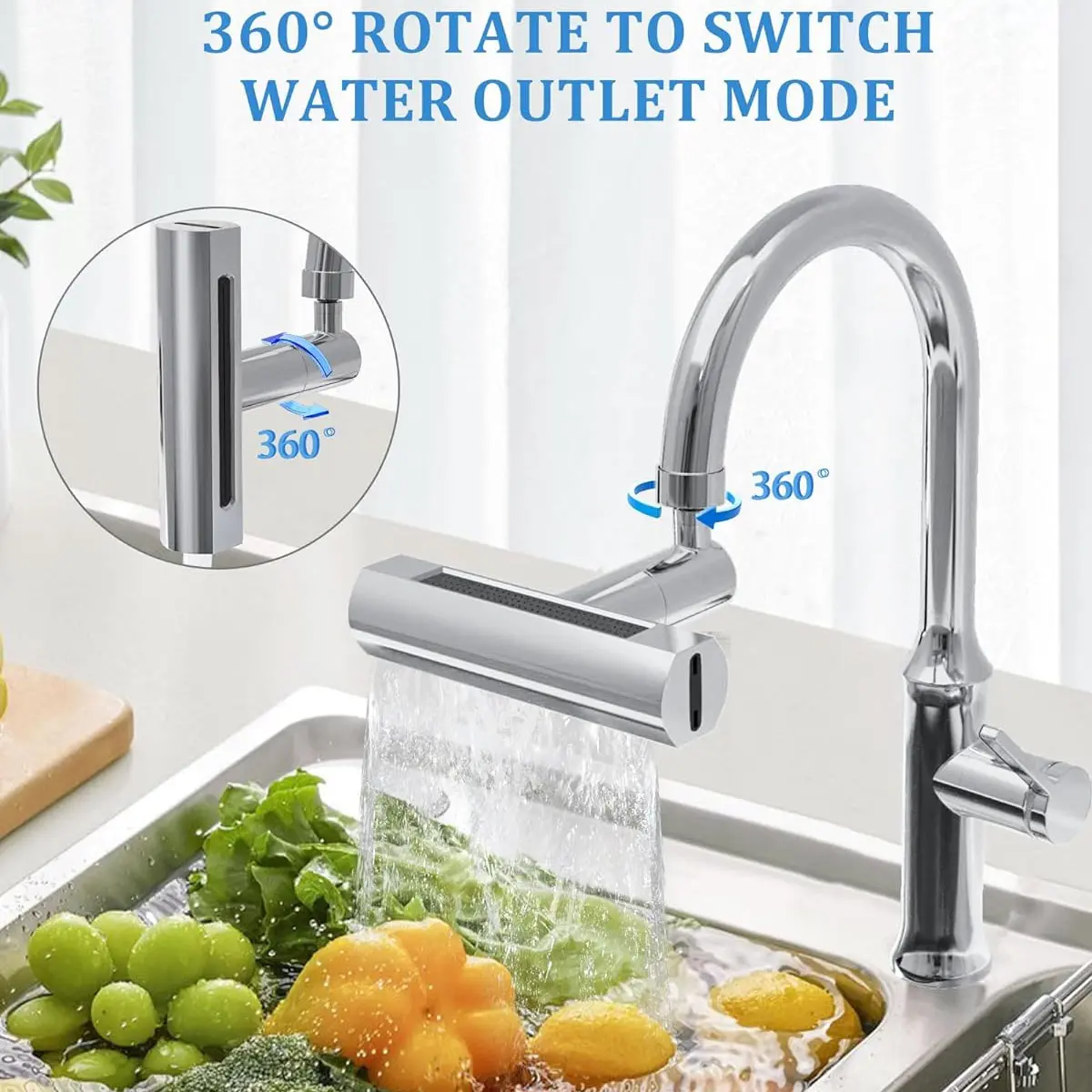 4 in 1 Waterfall Kitchen Faucet Universal 360° Swivel Spout Extender Splash-Proof Sink Faucet Aerator Washing Fruit Vegetable