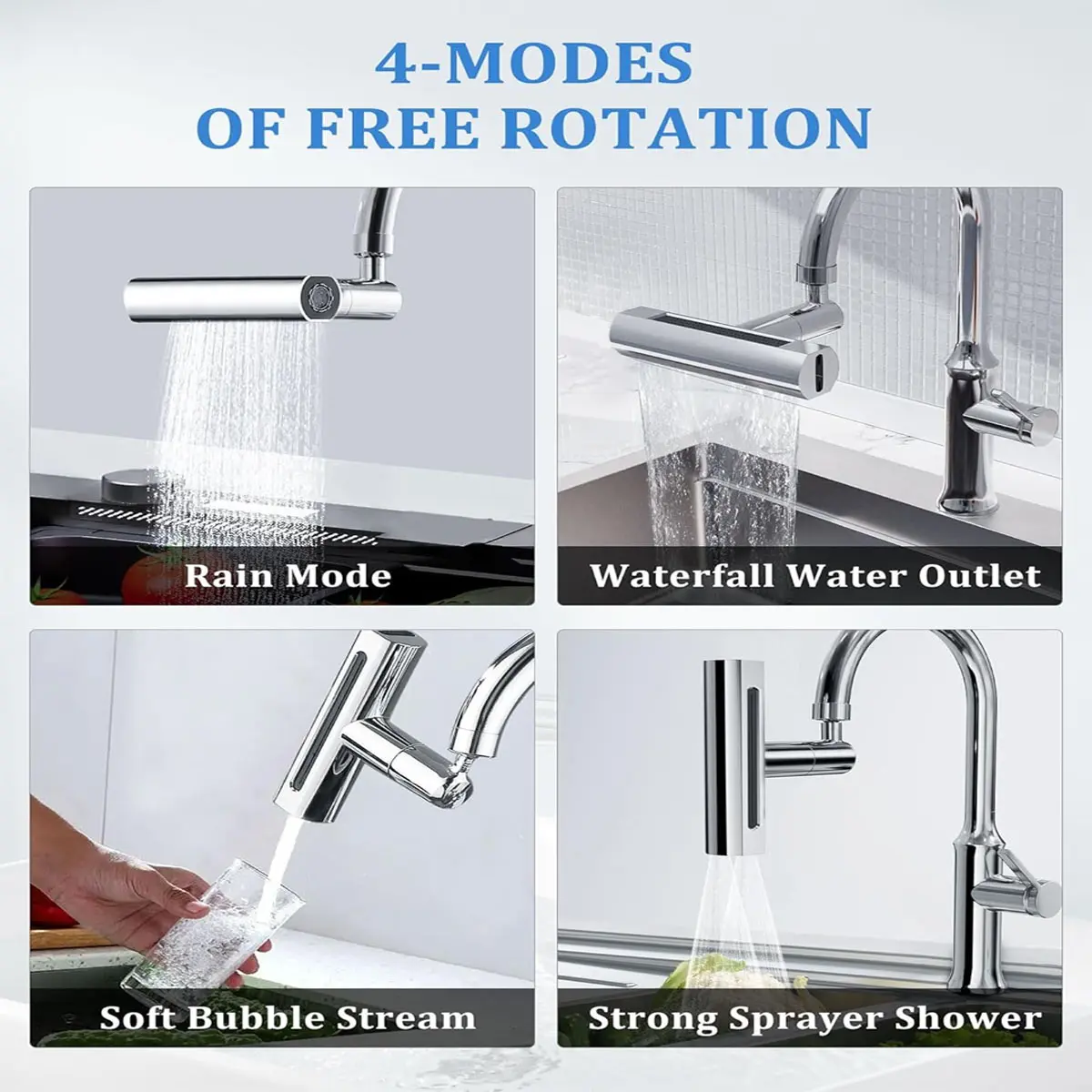 4 in 1 Waterfall Kitchen Faucet Universal 360° Swivel Spout Extender Splash-Proof Sink Faucet Aerator Washing Fruit Vegetable