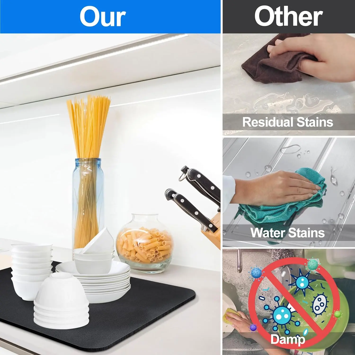 Super Absorbent Rubber Kitchen Absorbent Mat Anti-Slip Draining Coffee Dish Drying Tableware Mat Quick Dry Bathroom Drain Pad