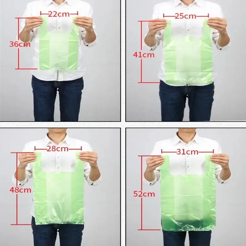 100Pcs 3Sizes Green Plastic Bag Supermarket Grocery Gift Shopping Bag Thicken with Handle Vest Bag Kitchen Storage Baskets