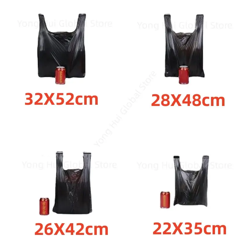 100Pcs Thickened Black Vest Plastic Bag Takeaway Shopping with Handle Bag Kitchen Living Room Garbage Clean Storage Bag