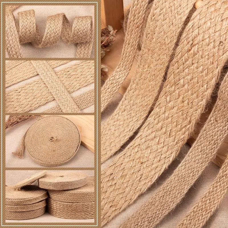 10M Nature Jute Braided Ribbon Flat Burlap Twine Hemp Cords DIY Crafts Wedding Party Decoration Sewing Vintage Ribbon Rope Craft