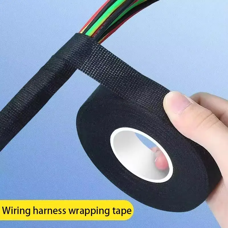 Black Electrical Fabric Tape Heat Resistant Wire Harness Bundle Insulation Auto Wiring Cloth Wrap Cable Protection Adhesive Tape