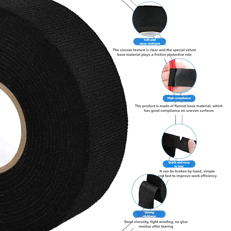 Black Electrical Fabric Tape Heat Resistant Wire Harness Bundle Insulation Auto Wiring Cloth Wrap Cable Protection Adhesive Tape