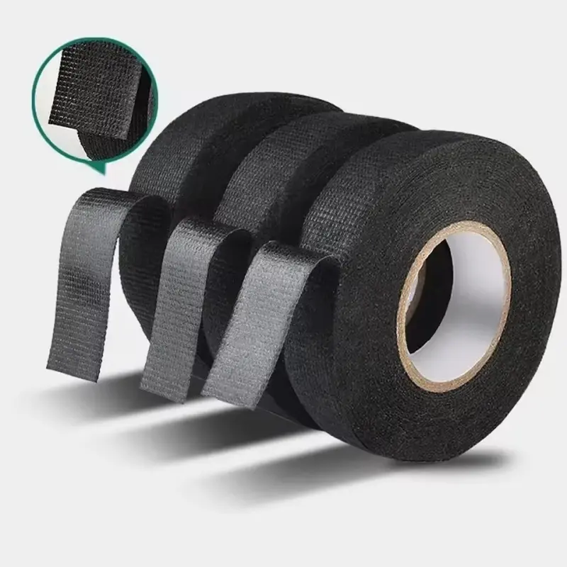 Black Electrical Fabric Tape Heat Resistant Wire Harness Bundle Insulation Auto Wiring Cloth Wrap Cable Protection Adhesive Tape