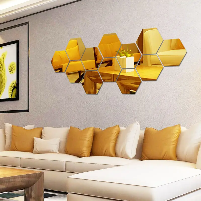 12pcs Mirror Wall Stickers DIY Hexagon Shape Acrylic Tiles Sticke Bedroom Living-Room Decal Home Decoration Art Mirror Ornaments