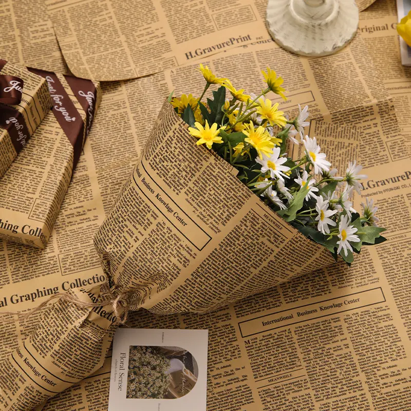 20pcs Retro English Newspaper Kraft Tissue Paper Flower Bouquet Gift Wrapping DIY Handmade Flowers Gifts Packaging Material