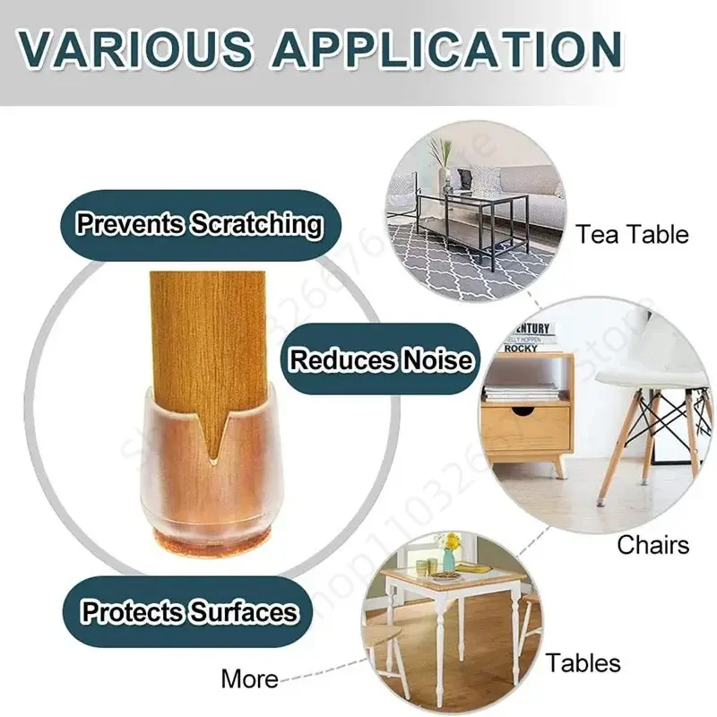 16pcs Transparent Non-Slip Silicone Chair Leg Caps with Felt Furniture Feet Bottom Round Mute Leg Mat Wood Floor Protector Pads