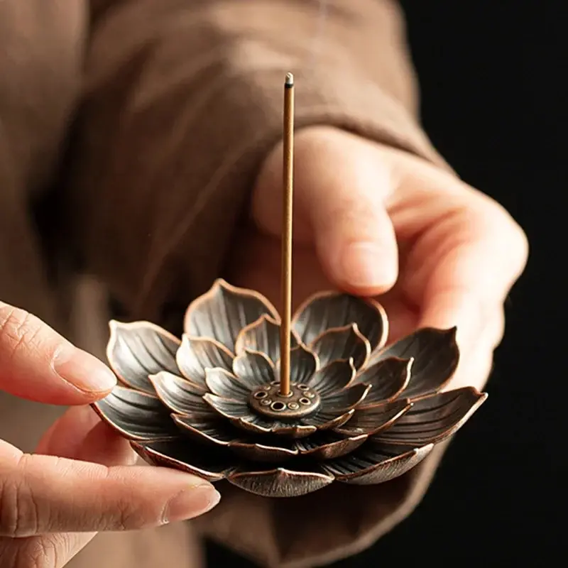 Alloy Incense Burner Stick Holder Buddhism Lotus Line Incense Plate Sandalwood Coil Base Temples Yoga Studios Home Decoration