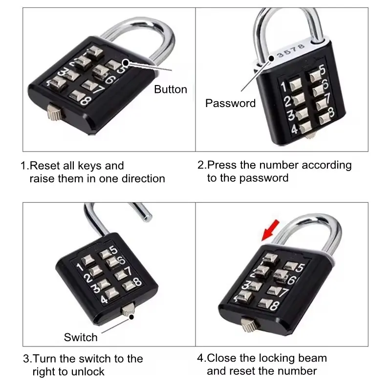 8 Digits Password Code Outdoor Waterproof Combination Padlock Zinc Alloy Suitcase for Luggage Travel Smart Lock Keyed Anti-thief