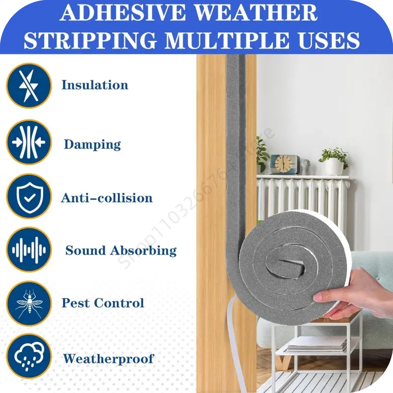 4M Foam Door Window Sealing Strips Self-Adhesive Windproof Sound-Proof Door Weather Stripping Dustproof Self-adhesive Tape