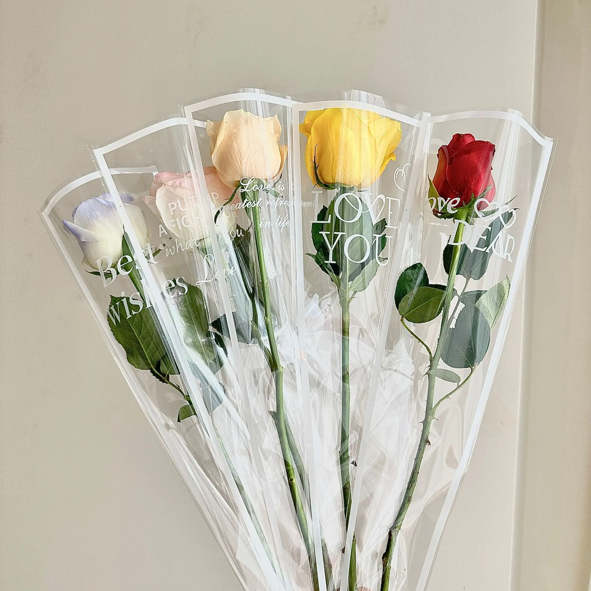 50pcspcs LOVE Transparent Rose Packaging Bags Flower Bouquet Plastic Bag Bouquet Wrapping Paper One Straight Bag Flower Packagin