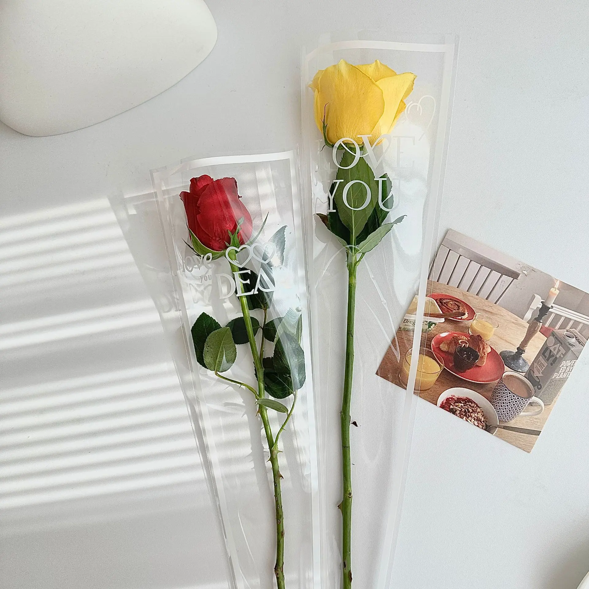 50pcspcs LOVE Transparent Rose Packaging Bags Flower Bouquet Plastic Bag Bouquet Wrapping Paper One Straight Bag Flower Packagin