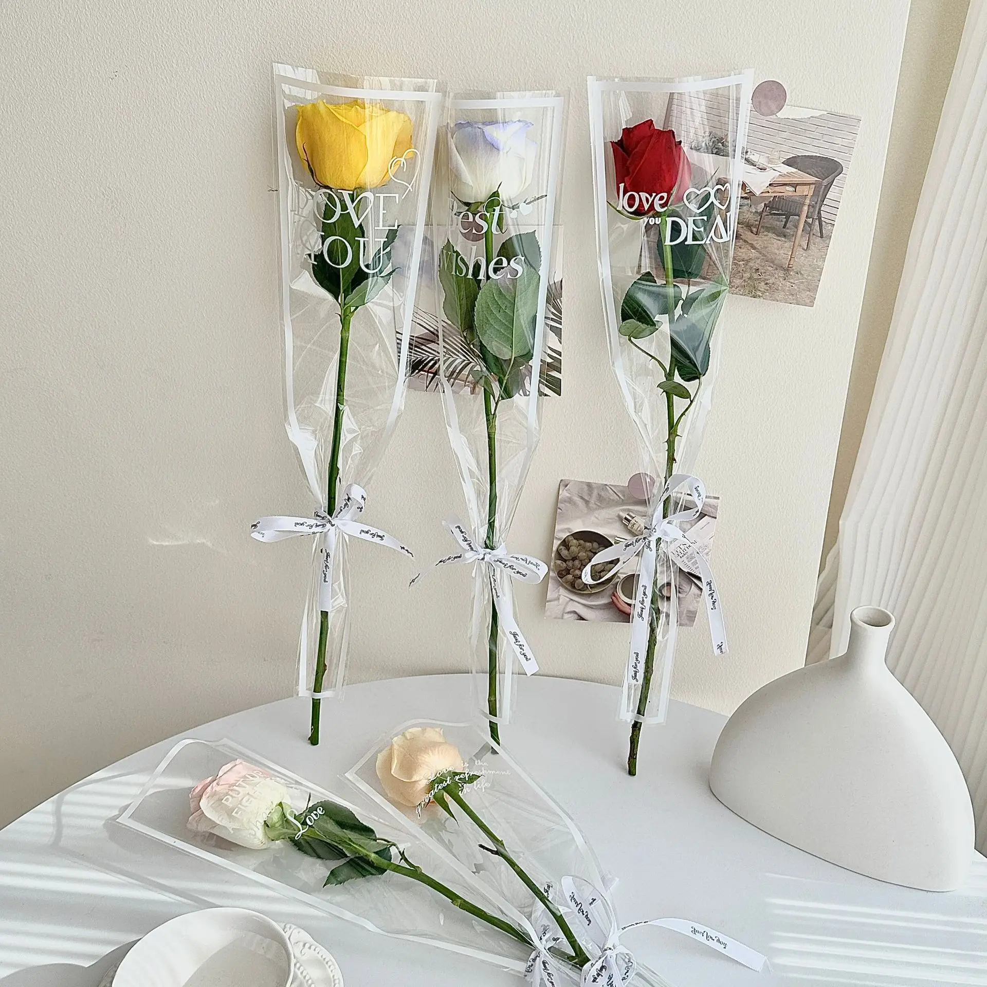 50pcspcs LOVE Transparent Rose Packaging Bags Flower Bouquet Plastic Bag Bouquet Wrapping Paper One Straight Bag Flower Packagin