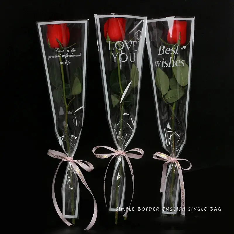 50pcspcs LOVE Transparent Rose Packaging Bags Flower Bouquet Plastic Bag Bouquet Wrapping Paper One Straight Bag Flower Packagin
