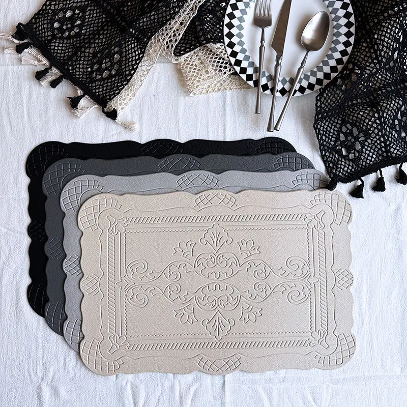 Imitation Leather Totem Dining Placemat Oil-Proof Waterproof Place Mat Retro Relief Table Mat for Kitchen Table Coffee Pad