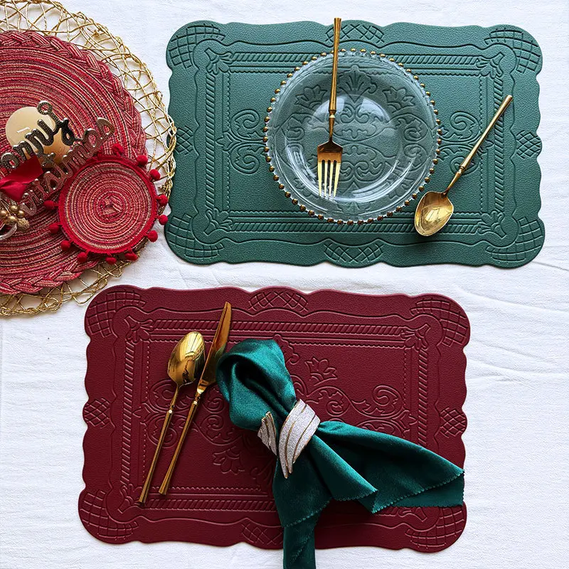 Imitation Leather Totem Dining Placemat Oil-Proof Waterproof Place Mat Retro Relief Table Mat for Kitchen Table Coffee Pad