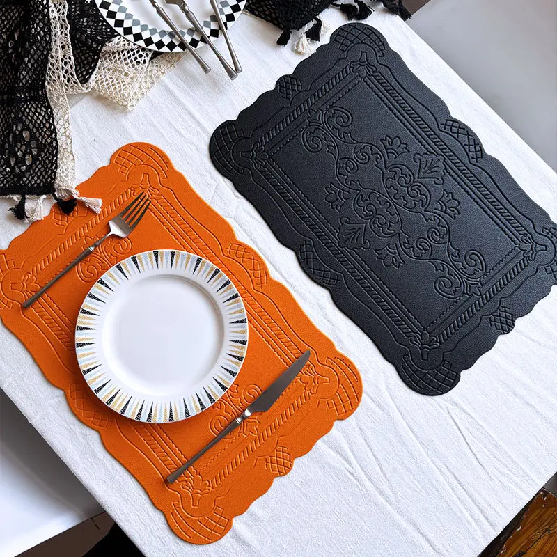 Imitation Leather Totem Dining Placemat Oil-Proof Waterproof Place Mat Retro Relief Table Mat for Kitchen Table Coffee Pad