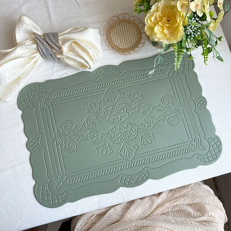 Imitation Leather Totem Dining Placemat Oil-Proof Waterproof Place Mat Retro Relief Table Mat for Kitchen Table Coffee Pad