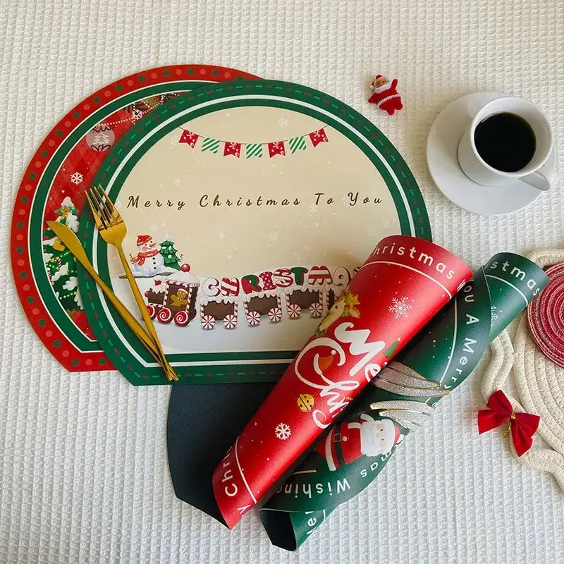 Christmas Placemat Leather Tableware Bowl Pads Table Mats for Dining Table Decoration Accessories Kitchen Placemats Party Dinner