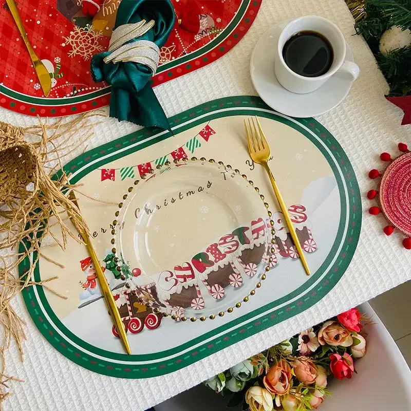 Christmas Placemat Leather Tableware Bowl Pads Table Mats for Dining Table Decoration Accessories Kitchen Placemats Party Dinner