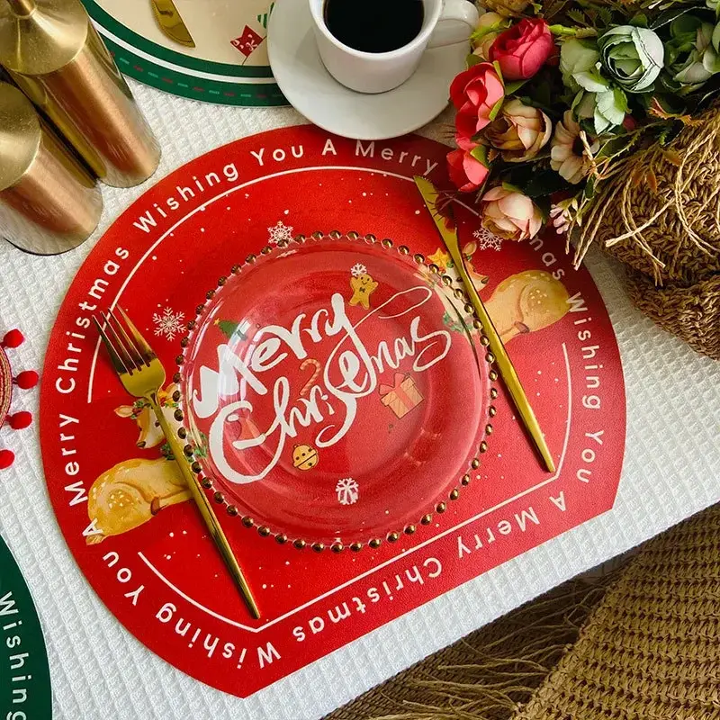 Christmas Placemat Leather Tableware Bowl Pads Table Mats for Dining Table Decoration Accessories Kitchen Placemats Party Dinner