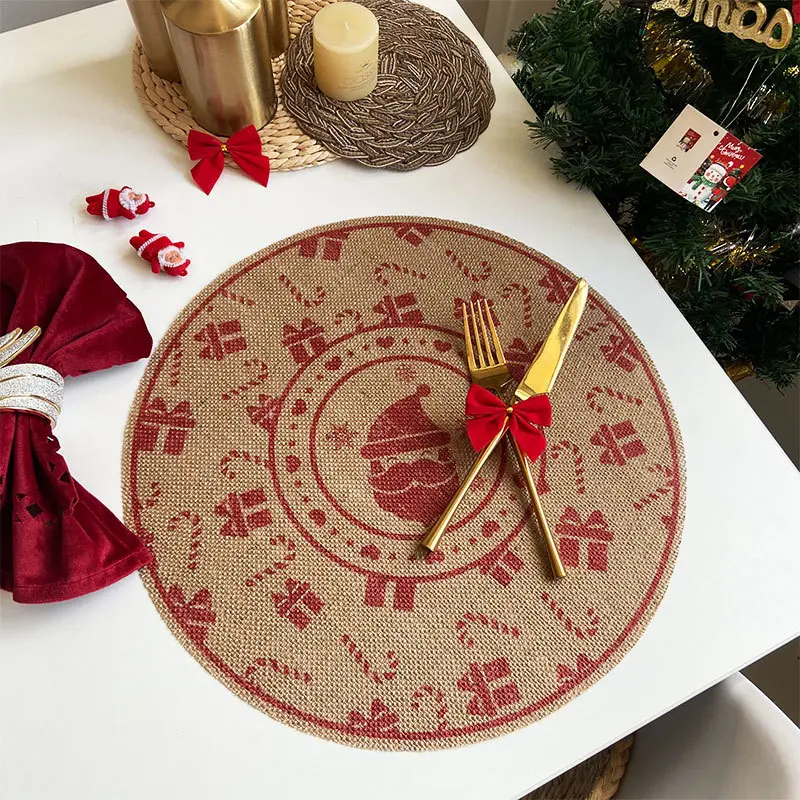 Christmas Retro Jute Placemat Round Printed Woven Dining Table Mat with Wool Ball Heat-Resistant Home Decorative Coffee Cup Mats