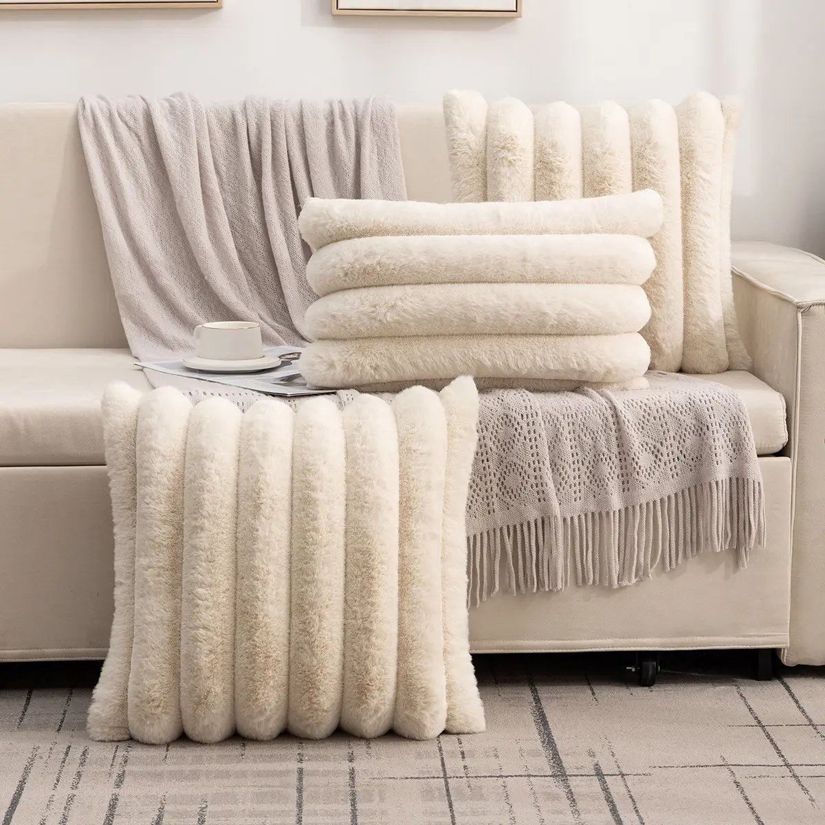 Single Sided Soft Rabbit Velvet Pillow Cover Sofa Cushion Waist Cover Winter Warm Fluffy Sleeping Simple Decorative Pillowcase