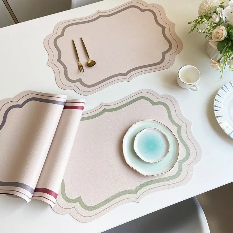 French Placemat Table Mat PU Leather Waterproof Heat Insulation Placemat Morandi Cream Printed Tableware Mat Home Kitchen Decor