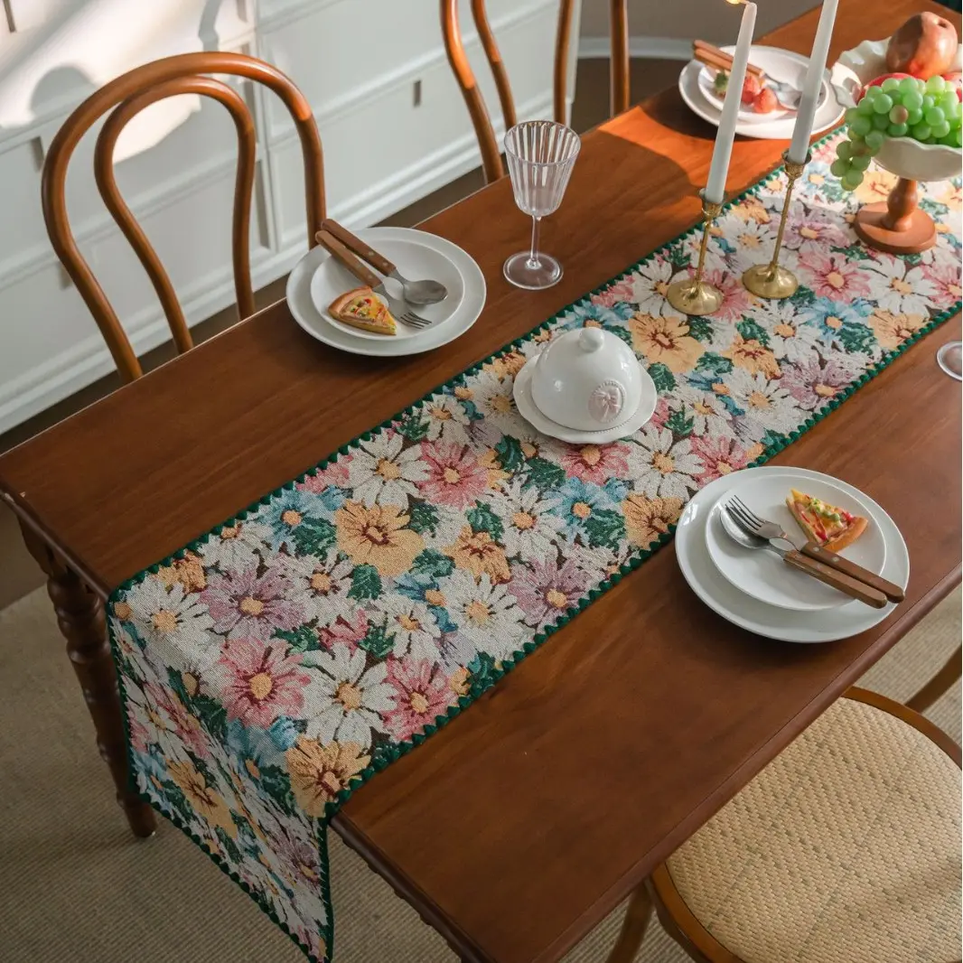 Jacquard Embroidered Table Runner Countryside Flowers Table Decor Reusable Home Kitchen Dining Table Runners Party Decorations