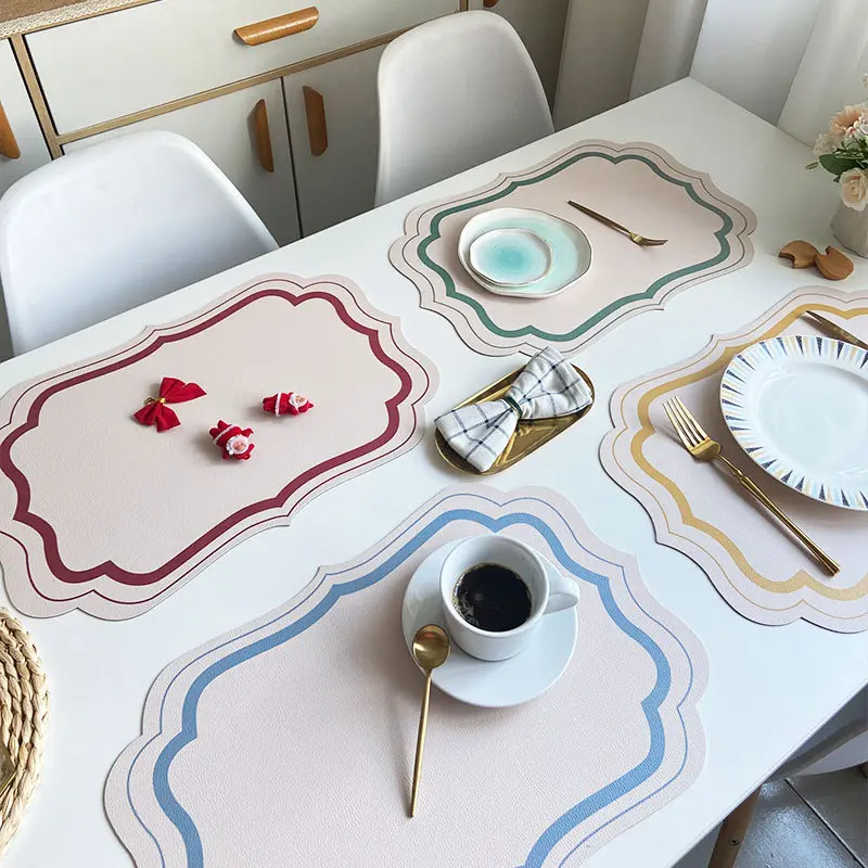 French Placemat Table Mat PU Leather Waterproof Heat Insulation Placemat Morandi Cream Printed Tableware Mat Home Kitchen Decor