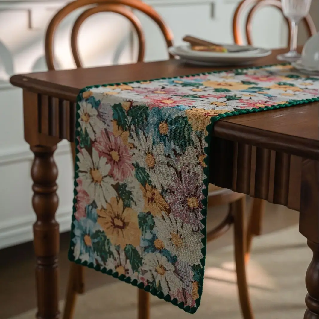 Jacquard Embroidered Table Runner Countryside Flowers Table Decor Reusable Home Kitchen Dining Table Runners Party Decorations